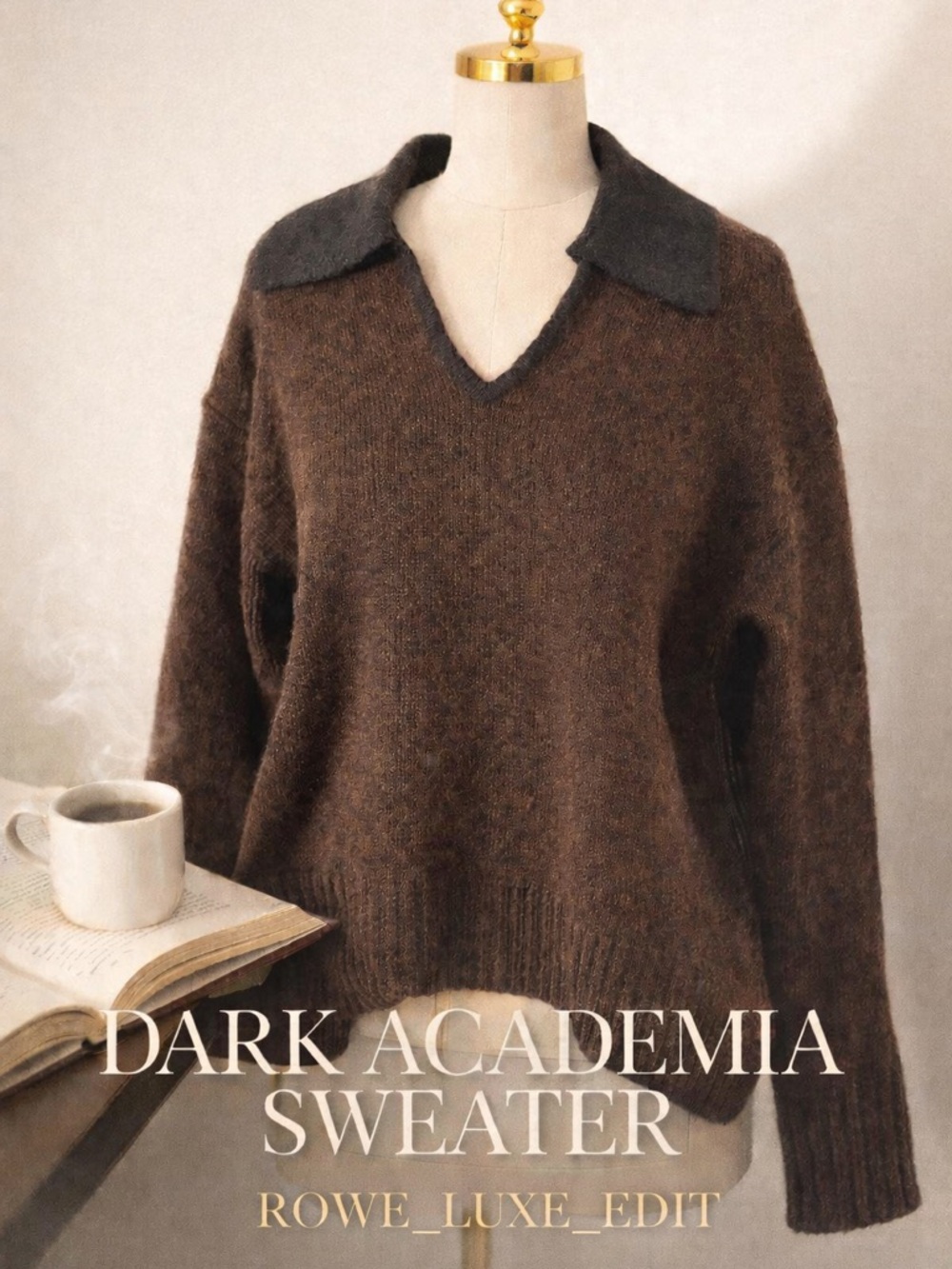 WeWoreWhat Collared Oversized Knit Sweater Heathered Espresso Dark Academia XS